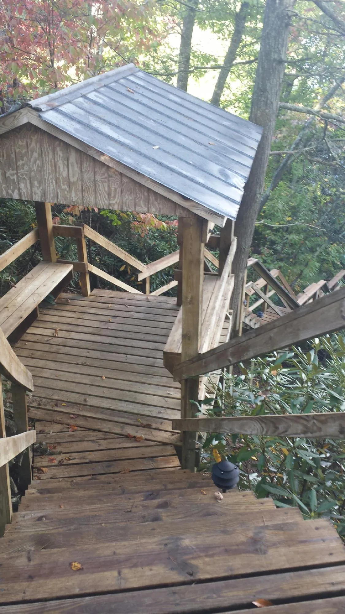 Metal roofed shelter over wooden steps on a wooded walkway — Skylight Repair & Installation work by our crew in Yeagertown